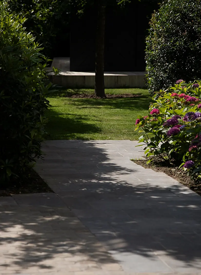 Pad in grijze natuursteen langs hortensia's en gazon, met een zwart houten bijgebouw